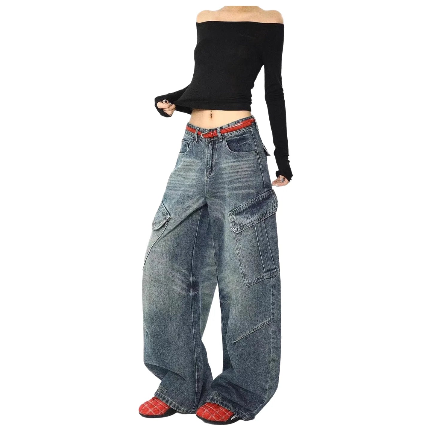 Retro American Straight Leg Loose Fit Wide Leg Workwear Jeans Men's Women's Knife Design Multi-Pocket Casual Loose Drapey