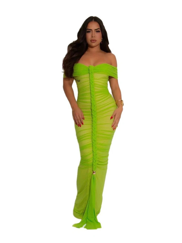 Off The Shoulder Dresses for Woman Transparent Mesh Long Summer Dress Sexy Draped Skinny Dress Evening Wholesale Dropshipping