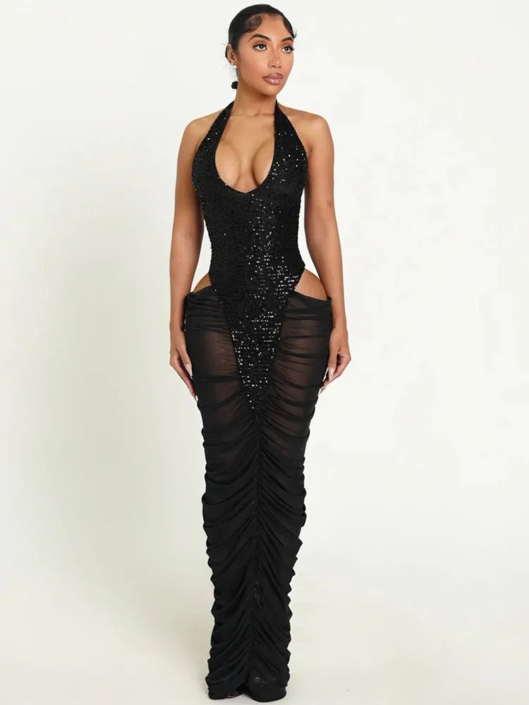 Sexy Glitter Sequins Party Evening Dresses Women Luxury Celebrity Sheer Mesh Patchwork Cut Out Formal Ruched Bodycon Maxi Dress