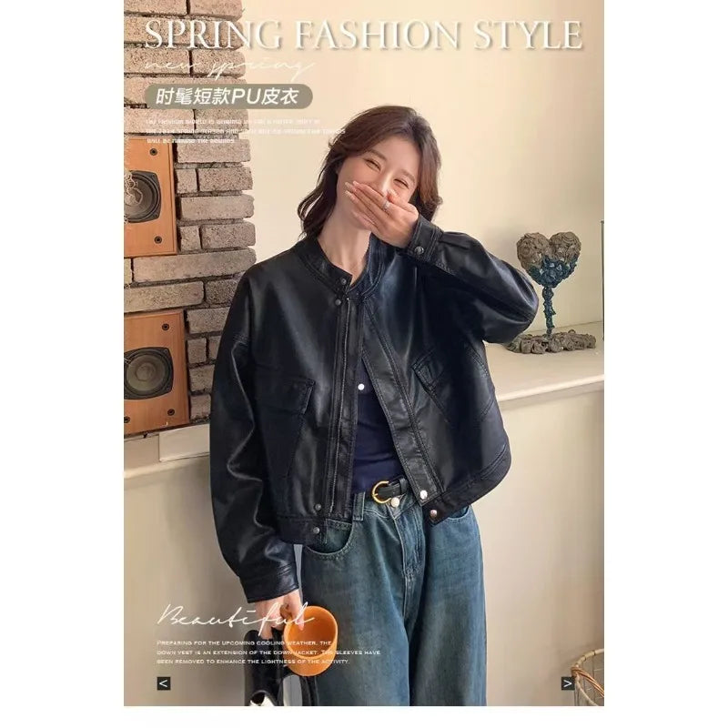 High-end Leather Jacket Women's Short 2026 Spring And Autumn New Versatile Fashion Loose Foreign Locomotive Leather Jacket Black