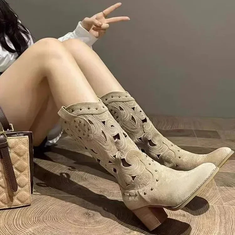 Women Mid-Calf Western Boots Heels Embroidery Hollow Cowboy Boots for Women Autumn Winter Fashion PU Leather Botas Mujer 2024