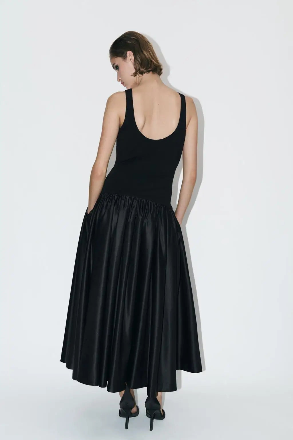 Winter New Wide oulder Strap Loose Vest Skirt Bla Splicing Dr Commute round Ne Single Piece Autumn Long Sve Asymm...