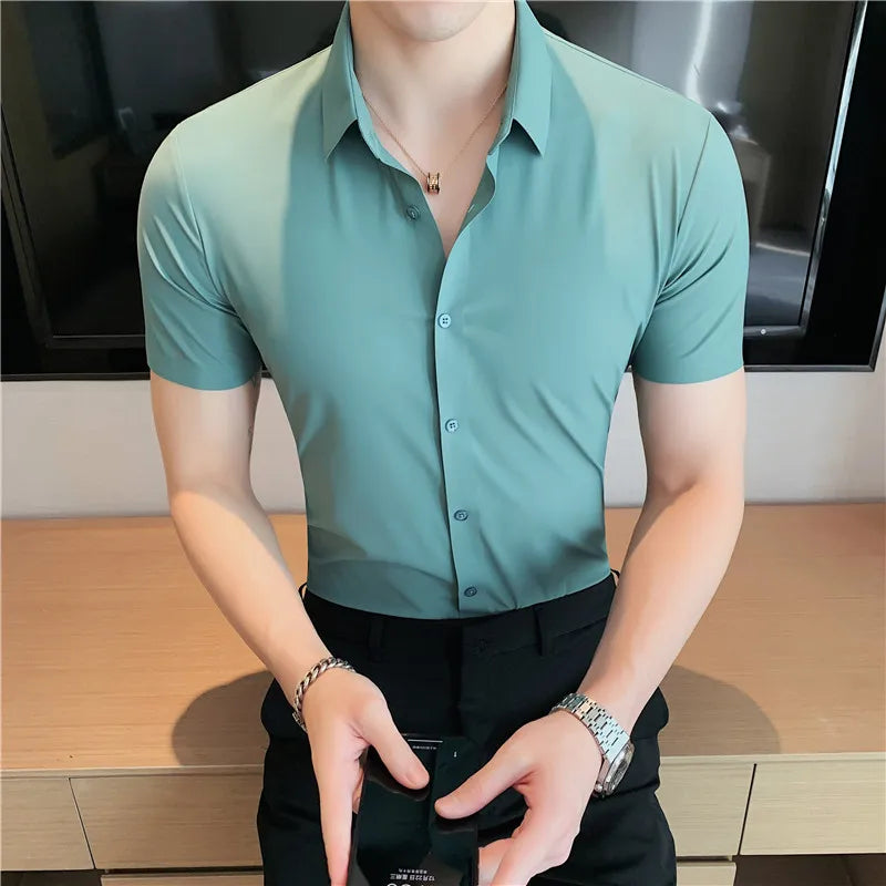 High elasticity Men Shirt Short sleeve 2024 Summer Anti-wrinkle Soft Thin Solid Casual Slim Fit Formal Dress Shirt Men Clothing
