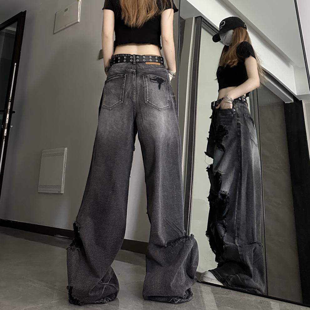 Dark black denim ripped wide leg jeans