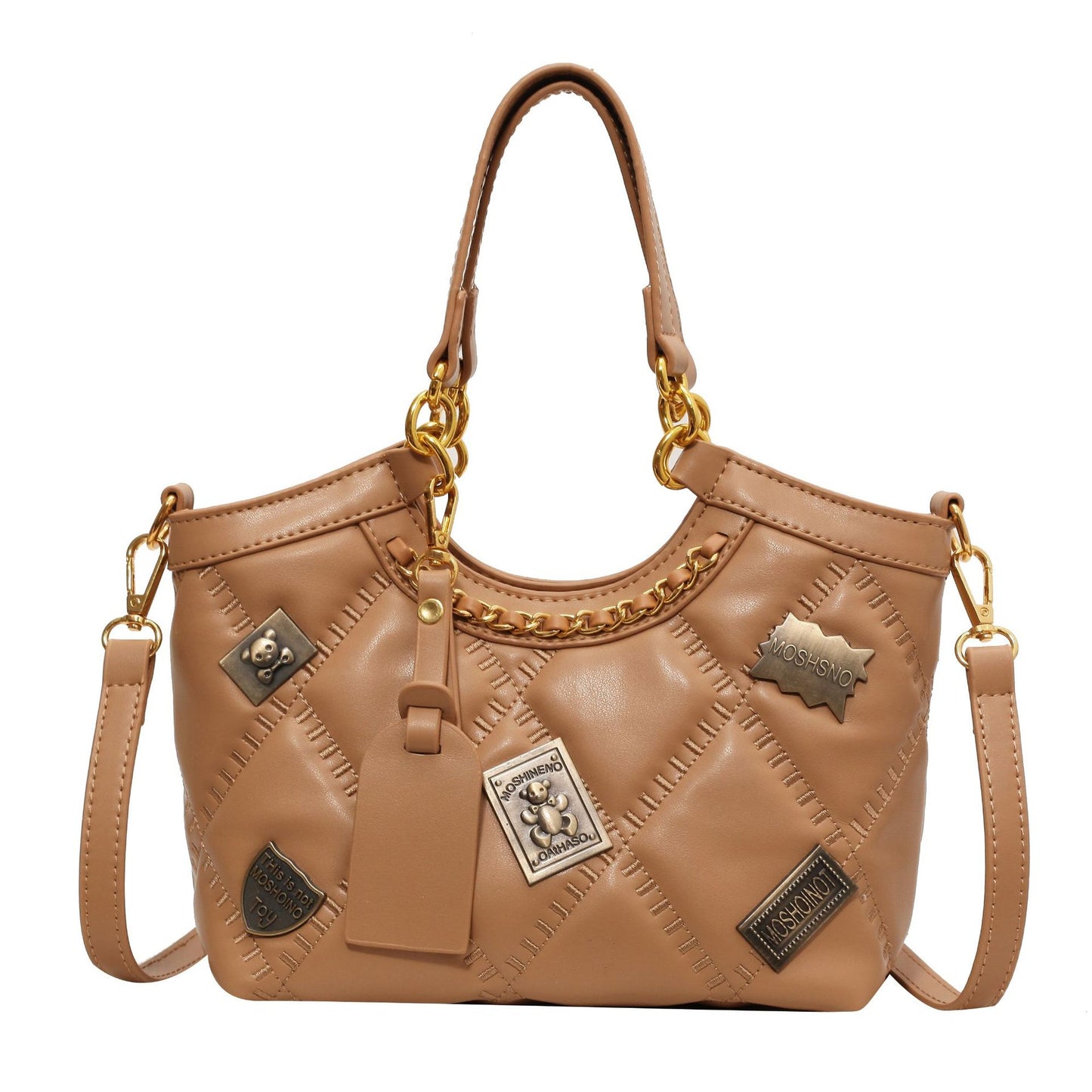 Bolso cruzado de hombro con insignia y patrón de diamantes, rara vez visto
