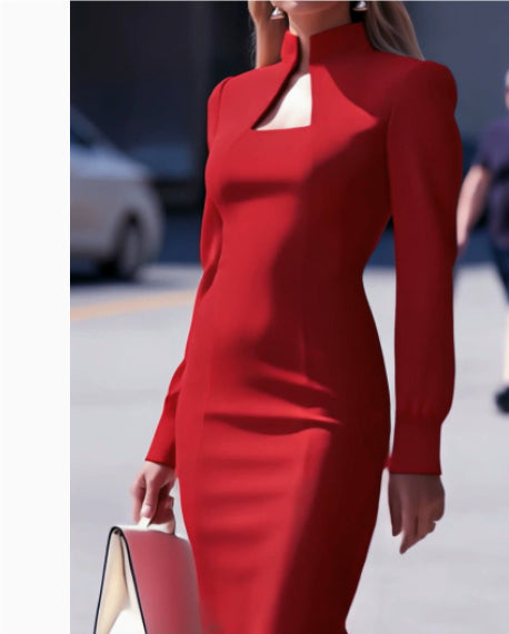 Vestido de mujer de cuello alto, manga larga, ajustado y adelgazante para banquetes y fiestas de otoño e invierno.