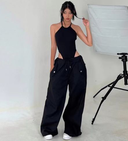 Solid-color Lace-up Loose-fitting Straight-leg Work Pants