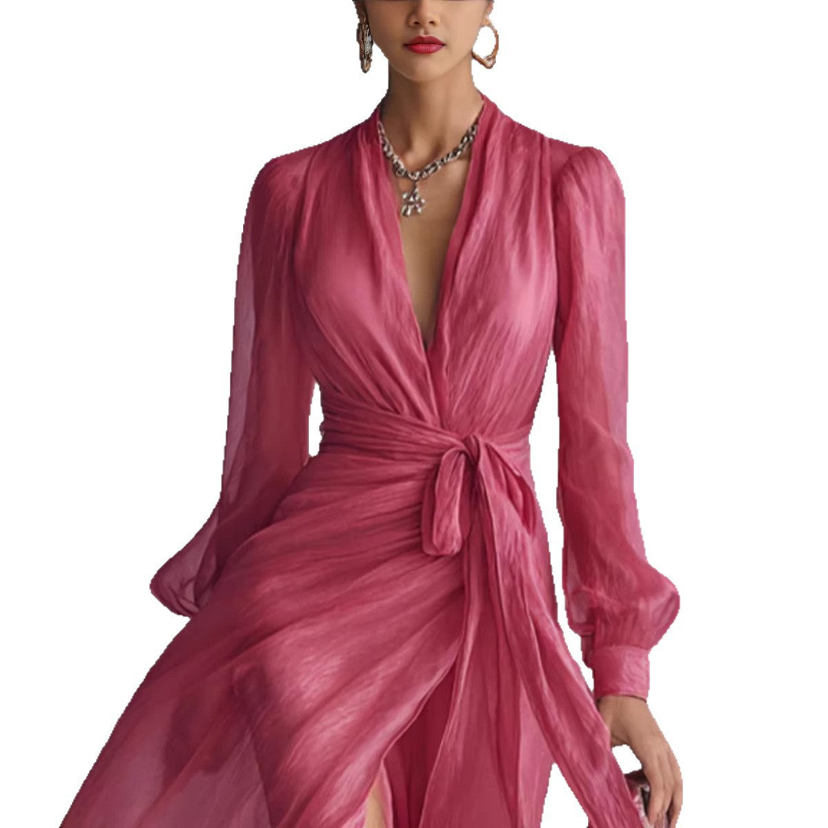 Casual Court-Style V-Neck Lace-Up Puff-Sleeve Dress - DRESS WELL STORE