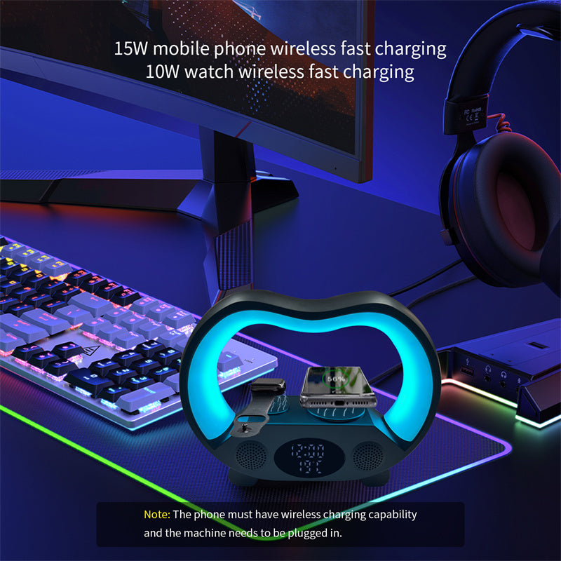 Nueva Lámpara de Mesa LED Inteligente con Ambiente de 6 Funciones en 1, Control Remoto Inteligente Compatible con Bluetooth, Cargador Inalámbrico Multifunción, Luz Nocturna y Altavoz Compatible con Bluetooth