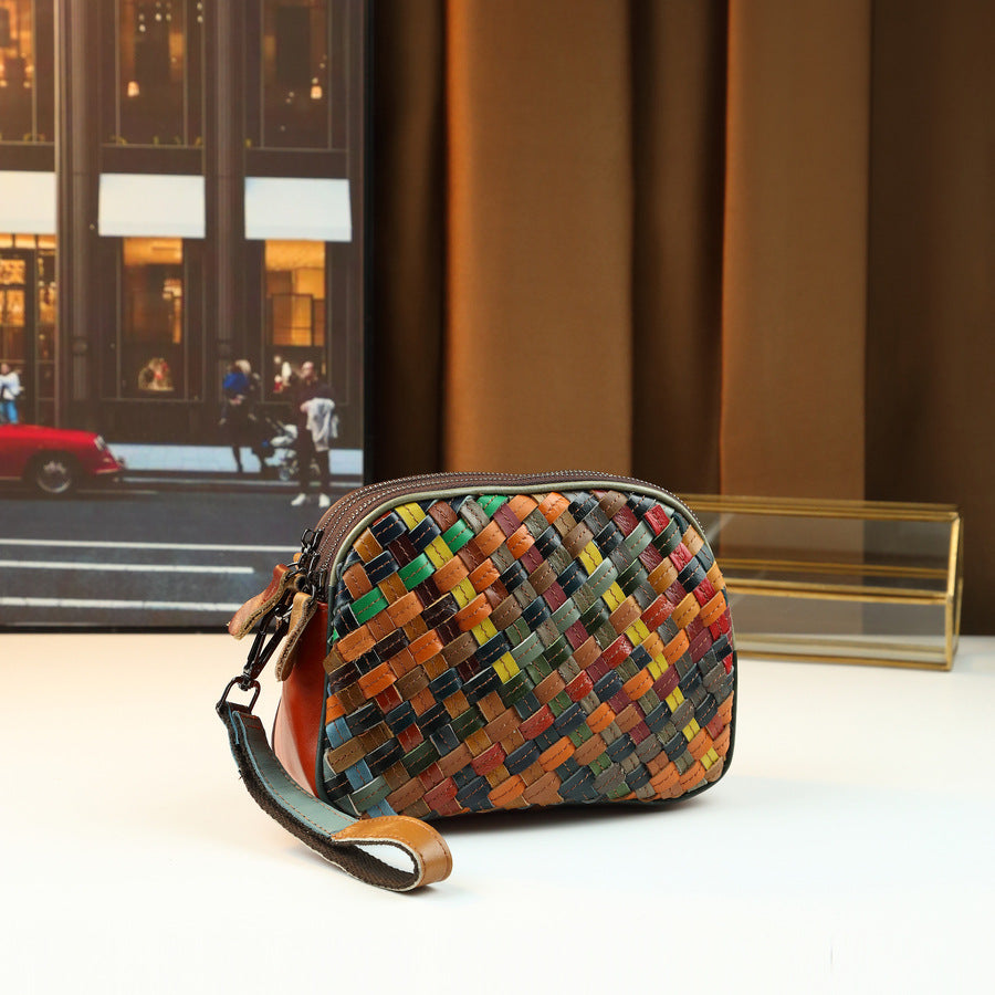 Womens Fashionable Genuine Leather Woven Shoulder Crossbody Bag