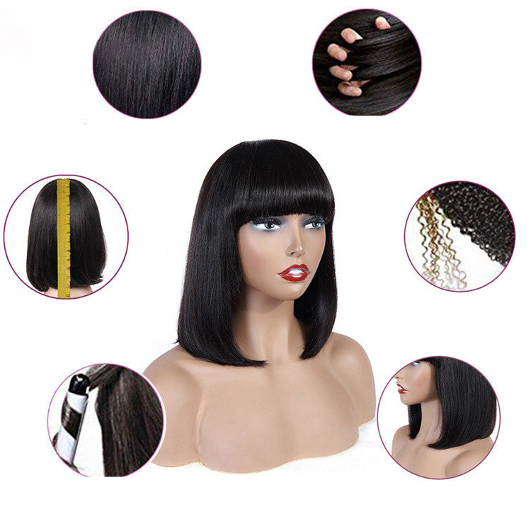 Peluca de pelo humano bob, gorro tejido, corazón superior, es natural y realista