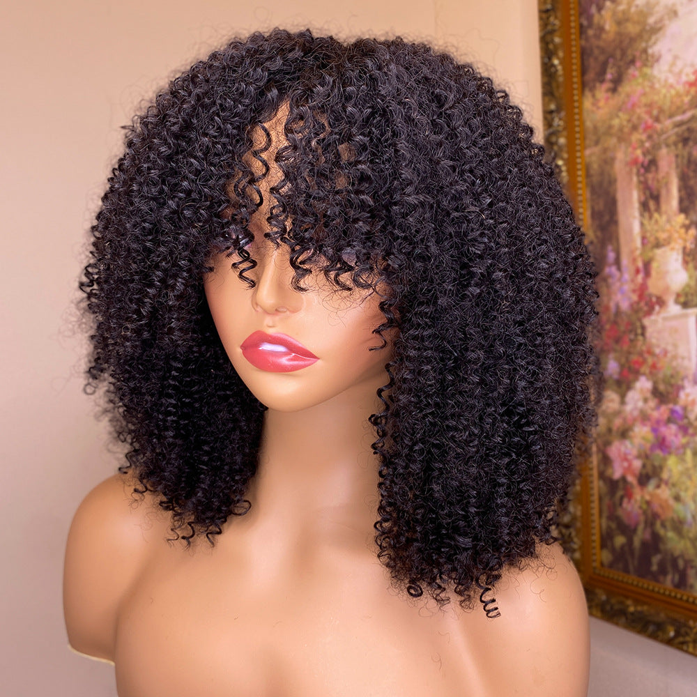 Pelucas de cabello humano rizado Kinky con flequillo