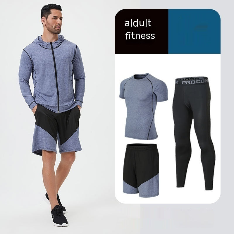 Traje de fitness para hombre, para correr por la mañana, por la noche, deportivo, de secado rápido, de cinco piezas, mallas, baloncesto, ropa de entrenamiento al por mayor