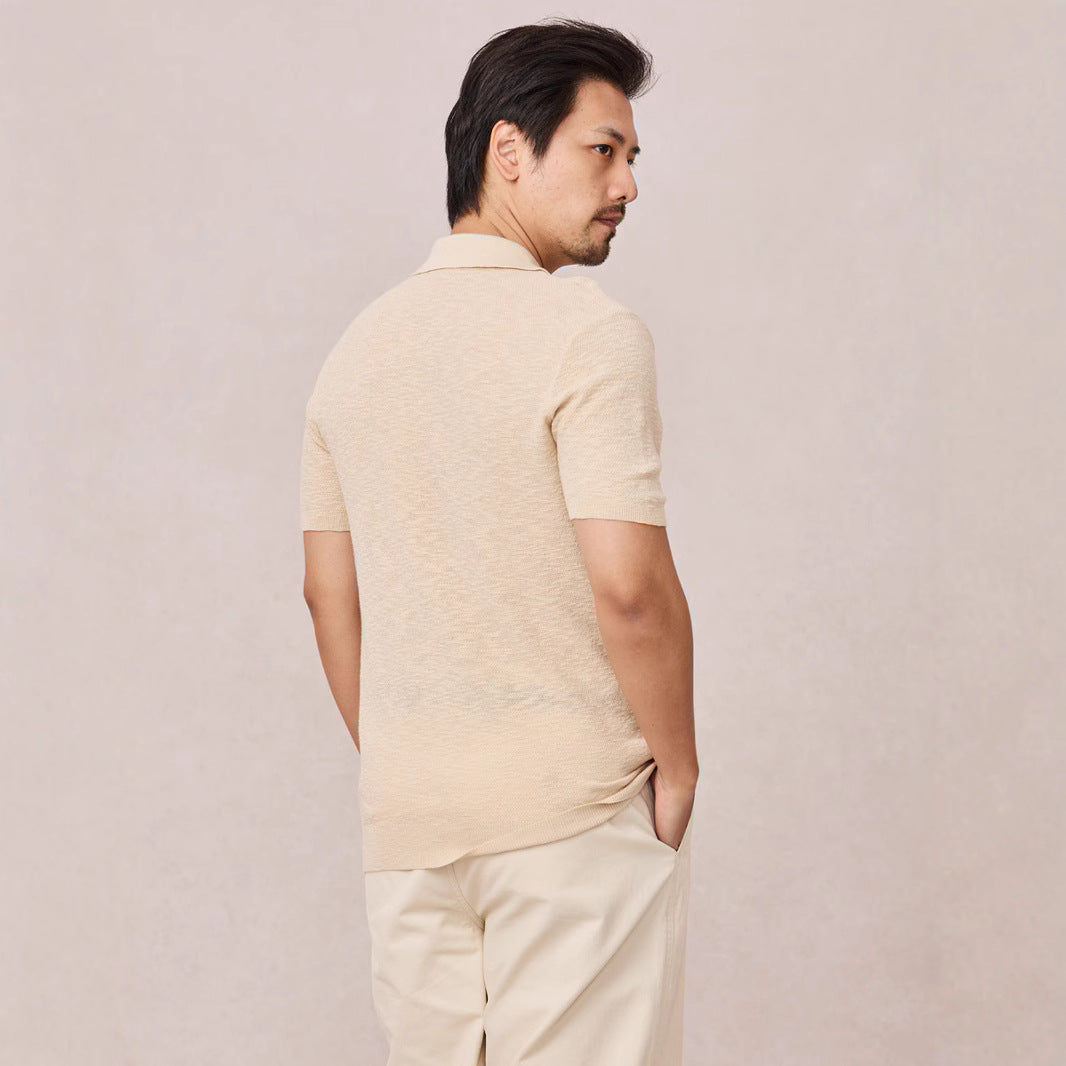 Textured Knit Short-sleeve Mens Slim-fit Business Polo Shirt In Ice Silk