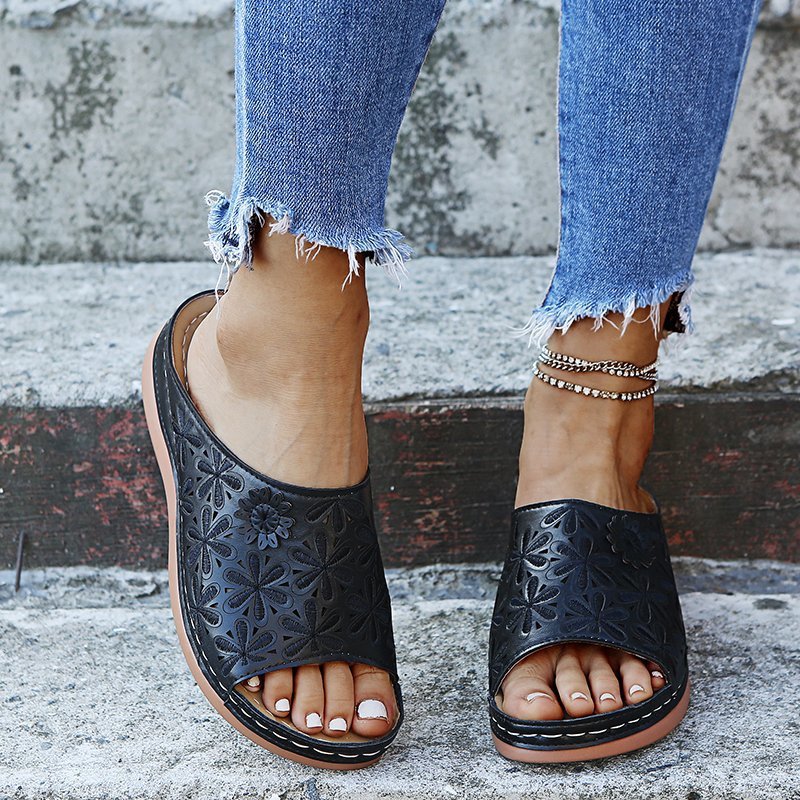 Sandalias de cuña huecas con boca de pez y flores, sandalias y zapatillas para mujer