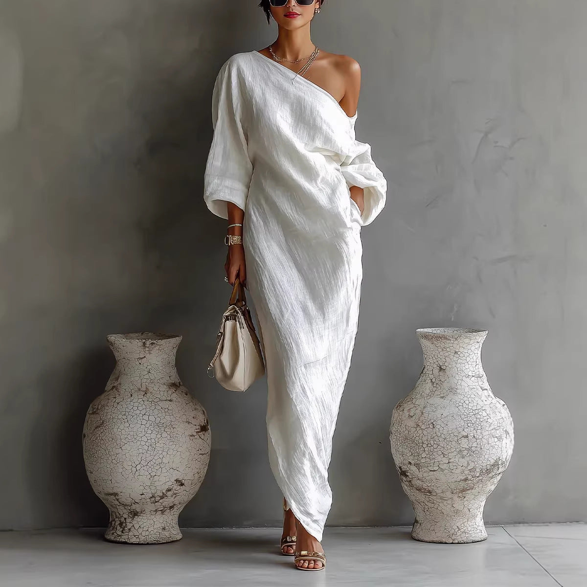 Vestido largo irregular con hombros descubiertos, moda elegante, vestidos de manga larga, ropa de vacaciones en la playa para mujer