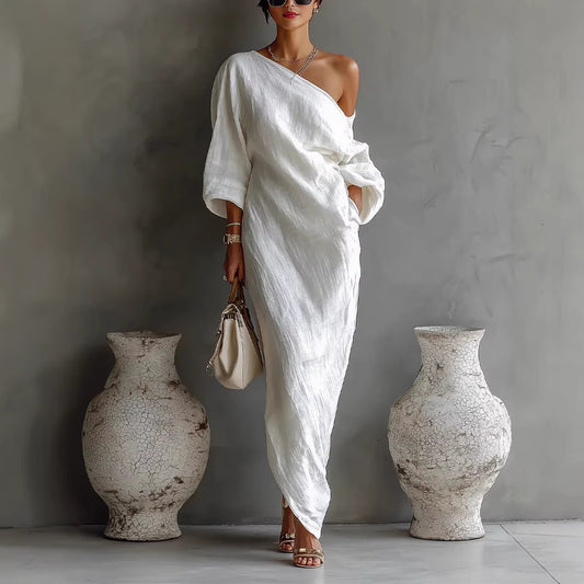 Vestido largo irregular con hombros descubiertos, moda elegante, vestidos de manga larga, ropa de vacaciones en la playa para mujer