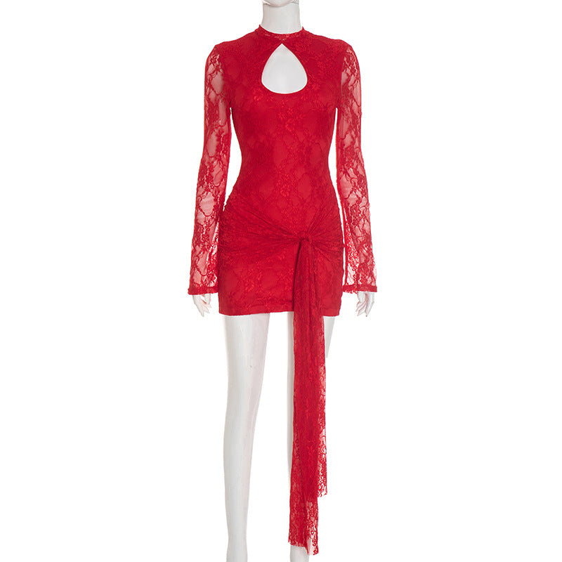 Women's Solid Color Hollow Out Strap Lace Long Sleeve Ribbon Short Dress