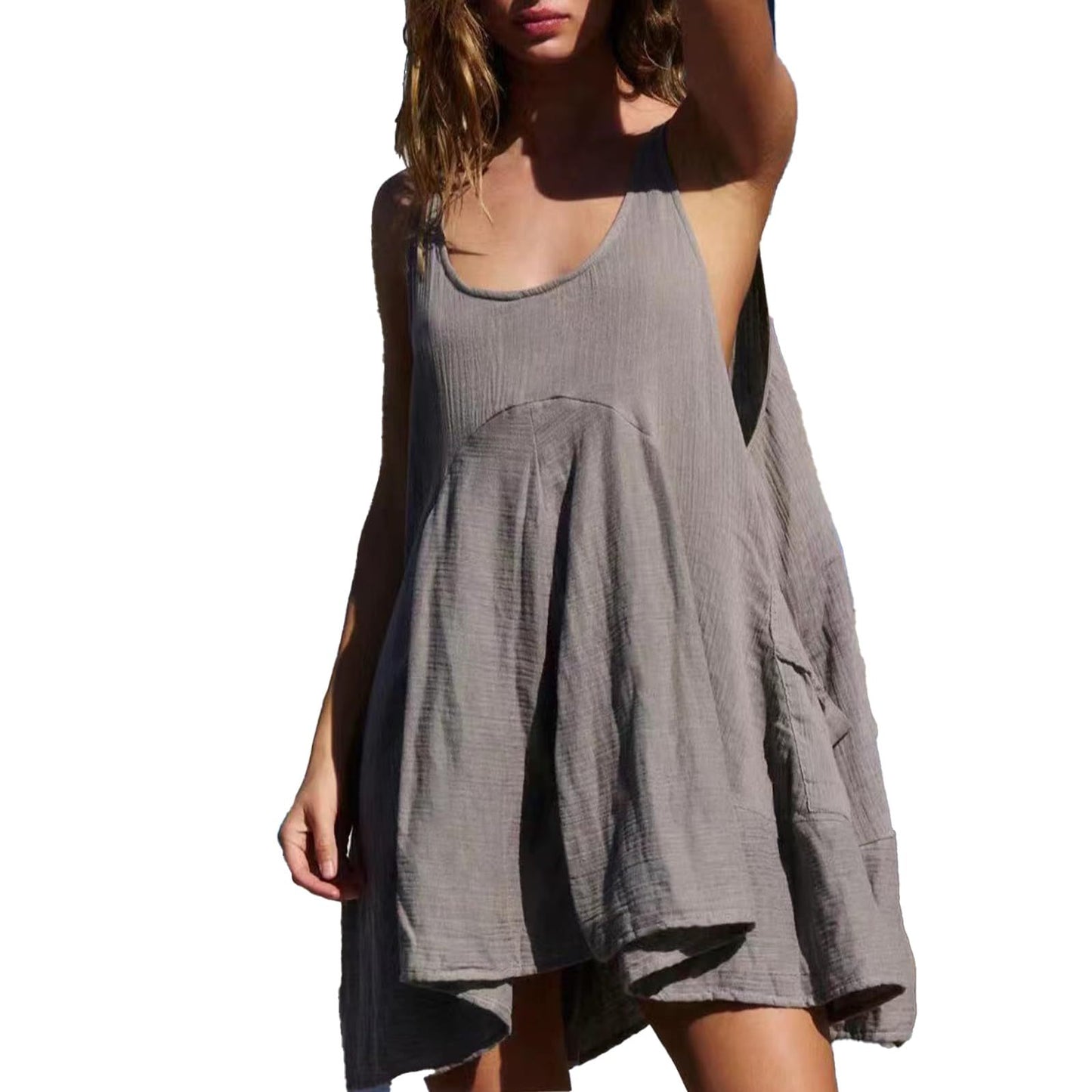 Sleeveless Crewneck Backless Mini Dress Loose-fit Tank Dress With Pockets