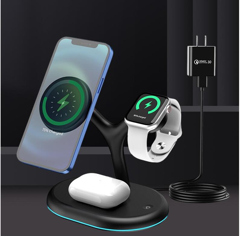 Cargador inalámbrico magnético tres en uno de 15 W de carga rápida, soporte vertical de escritorio para carga inalámbrica de teléfonos