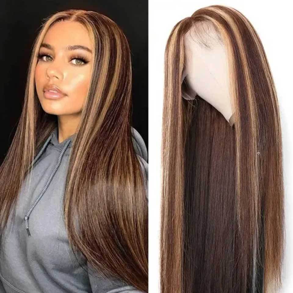 Peluca con gorro de pelo humano 4 27T, teñido, con encaje frontal y diseño de piano
