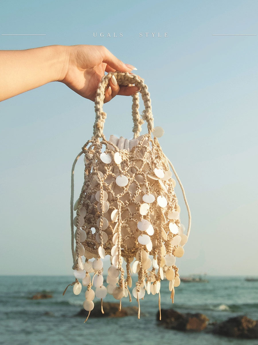 Bolso de mano elegante con forma de concha, diseño retro francés, lentejuelas, tejido, borlas y algodón-lino.