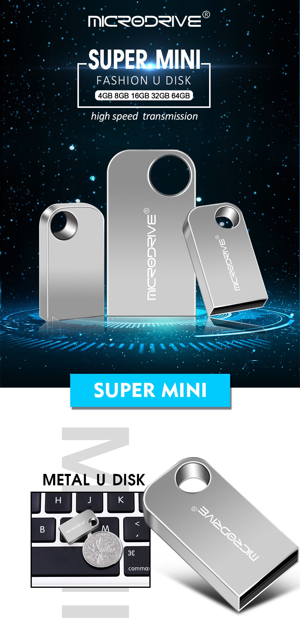 Disco USB mini de 16G para vehículos, gran capacidad de 64g