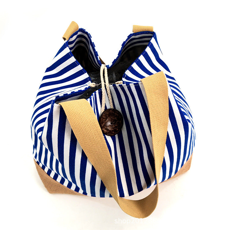 New Striped Canvas Large-Capacity Shoulder Commuter Tote Bag