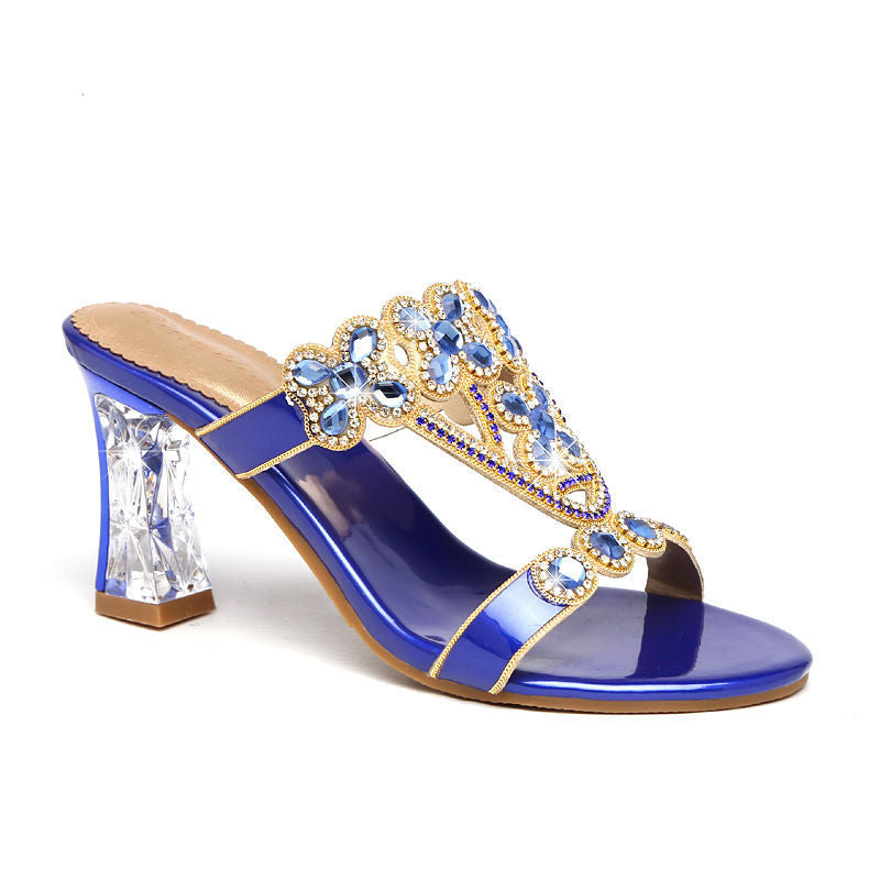 Sandalias de tacón alto con pedrería y tacón de bloque, con flores y diamantes