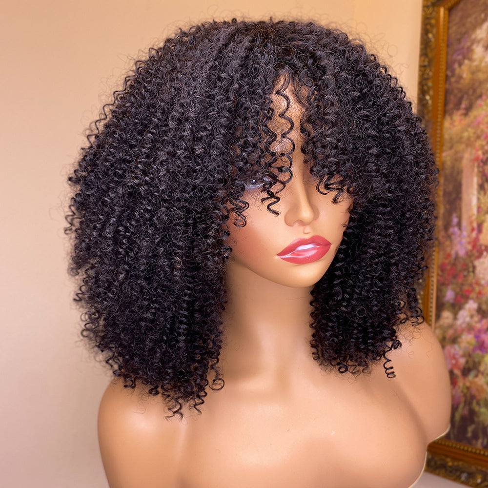 Pelucas de cabello humano rizado Kinky con flequillo