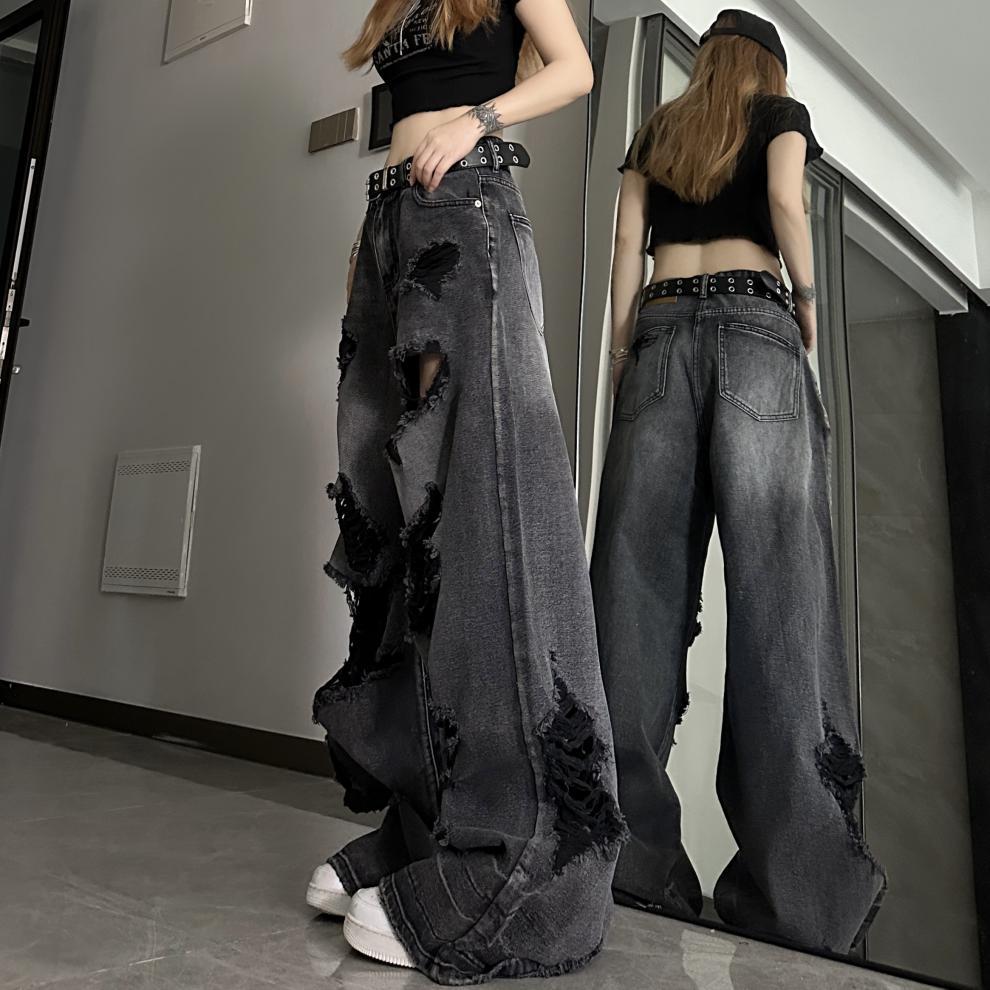 Dark black denim ripped wide leg jeans