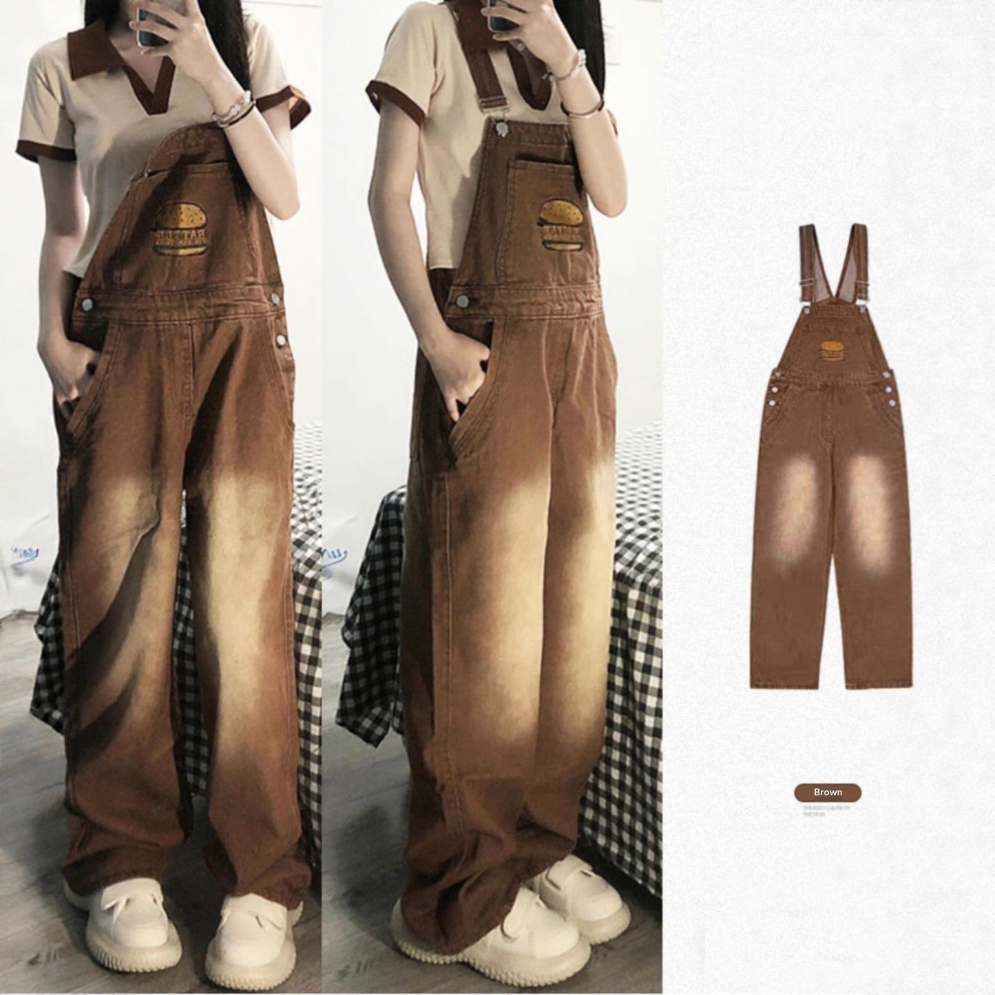Youthful And Chic American-Style Burger Embroidery Denim Suspender Pants