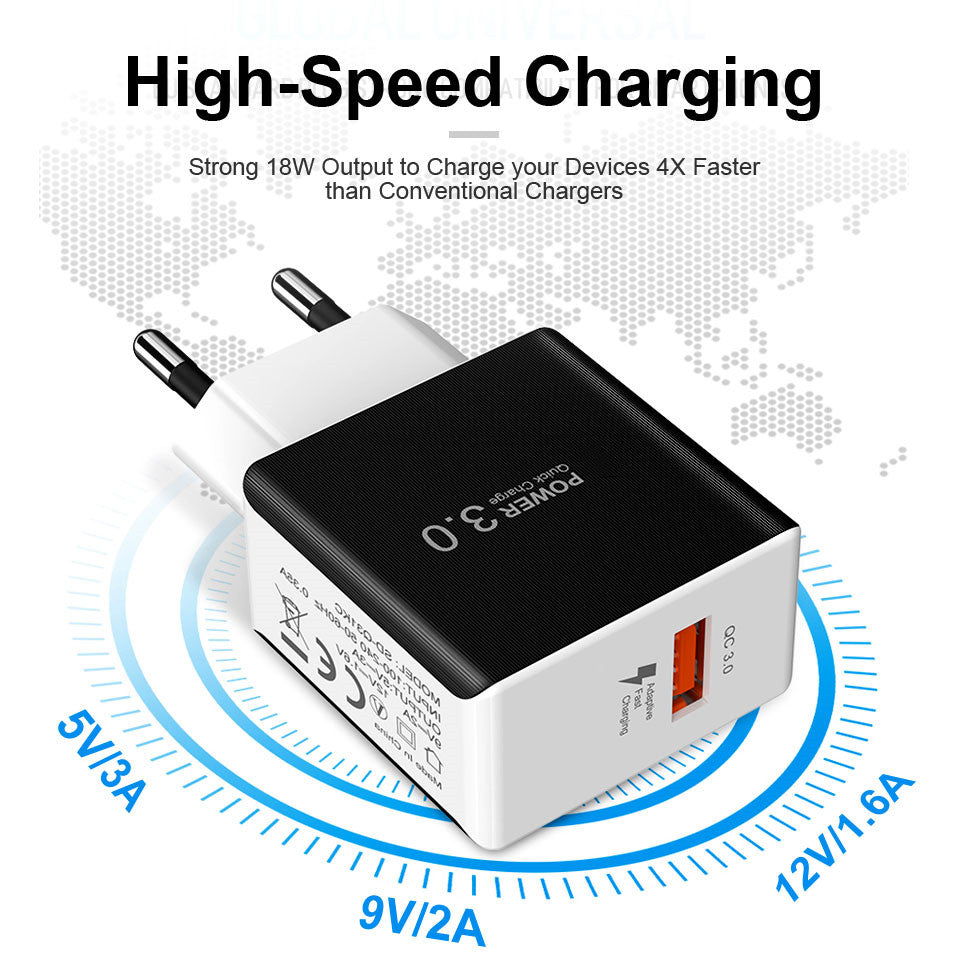 Compatible with Apple, 18W Quick Charge 3.0 Snelle Mobiele Telefoon Oplader Eu Plug Wall Charger Usb Adapter Voor Iphone 11 Pro Xr xs Max Samsung Redmi Huawei