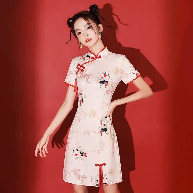 Vestido corto de dama de honor estilo cheongsam de moda nacional mejorado