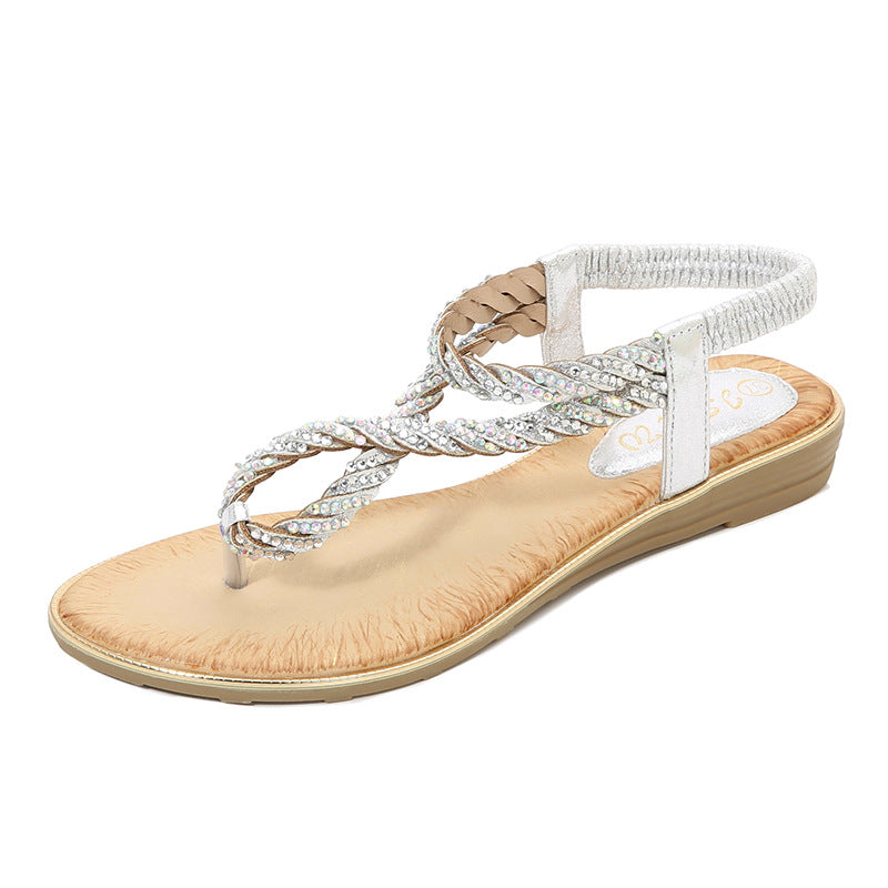 Sandalias de chancla con diamantes de imitación en U para mujer, sandalias de lentejuelas con tira elástica