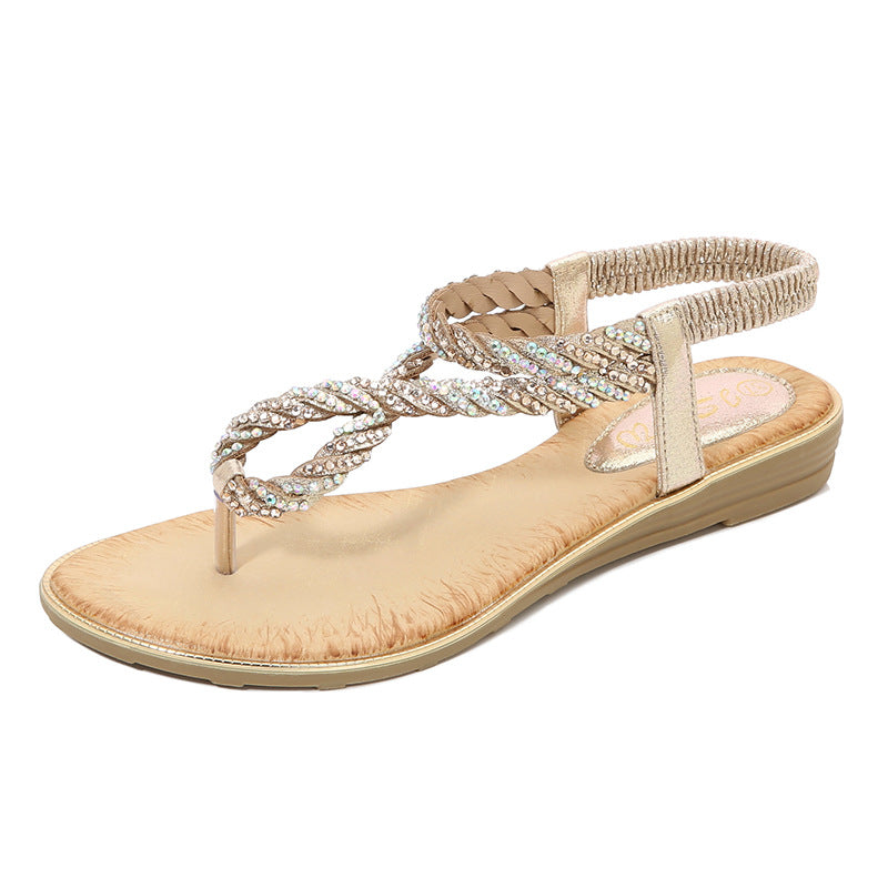 Sandalias de chancla con diamantes de imitación en U para mujer, sandalias de lentejuelas con tira elástica