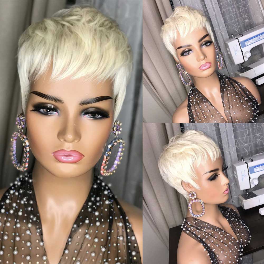 Peluca de mujer de moda de pelo corto liso, dorado, sintético, esponjoso, de seda de alta temperatura, juego de cabello
