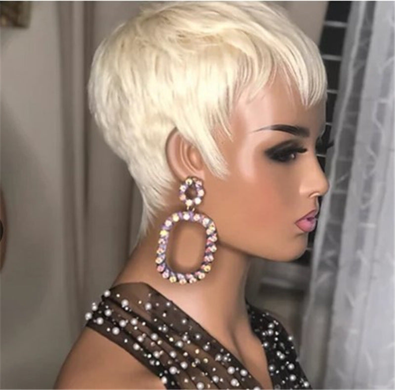 Peluca de mujer de moda de pelo corto liso, dorado, sintético, esponjoso, de seda de alta temperatura, juego de cabello