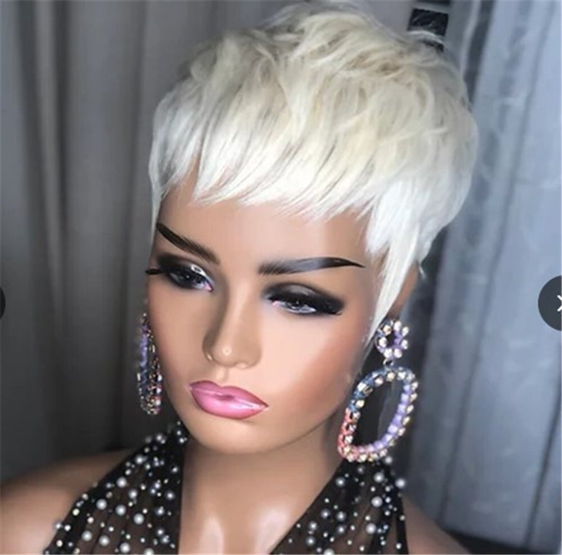 Peluca de mujer de moda de pelo corto liso, dorado, sintético, esponjoso, de seda de alta temperatura, juego de cabello