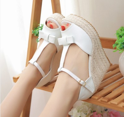 Sandalias de cuña de paja tejida de verano para mujer, con plataforma impermeable y tacón alto, con boca de pescado y hebilla en T