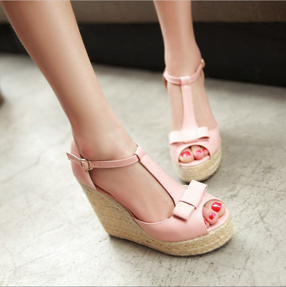 Sandalias de cuña de paja tejida de verano para mujer, con plataforma impermeable y tacón alto, con boca de pescado y hebilla en T
