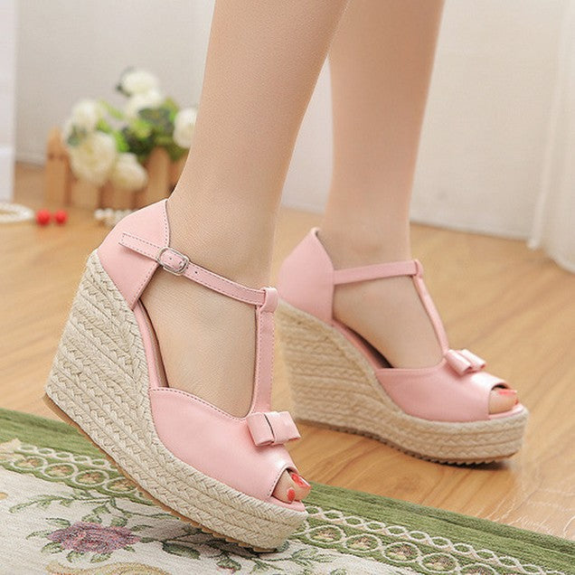 Sandalias de cuña de paja tejida de verano para mujer, con plataforma impermeable y tacón alto, con boca de pescado y hebilla en T