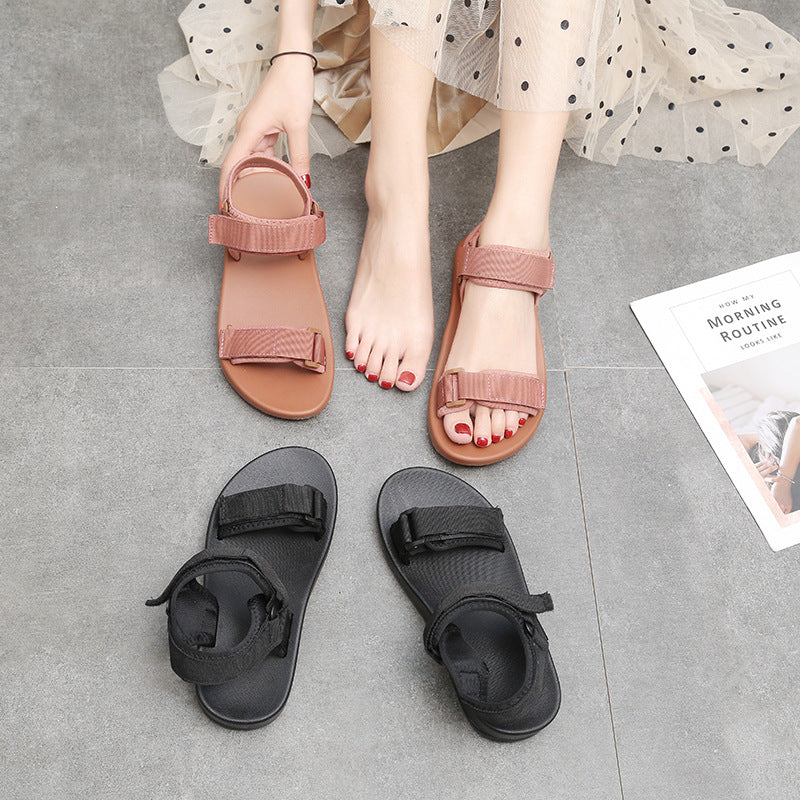 Sandalias de velcro para mujer, estilo romano plano de verano, suela gruesa