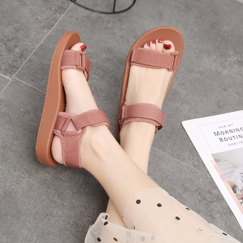 Sandalias de velcro para mujer, estilo romano plano de verano, suela gruesa