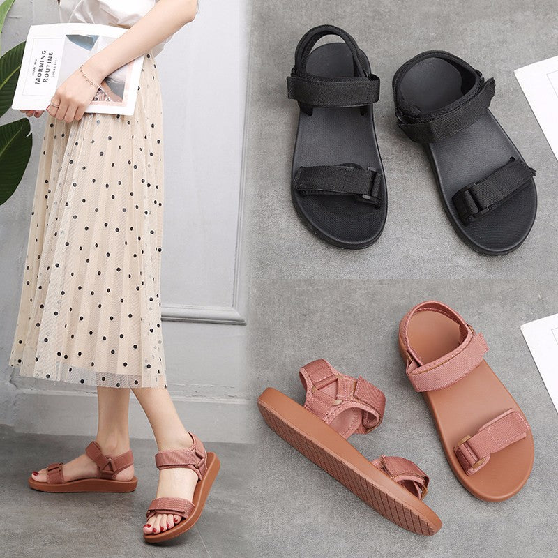 Sandalias de velcro para mujer, estilo romano plano de verano, suela gruesa
