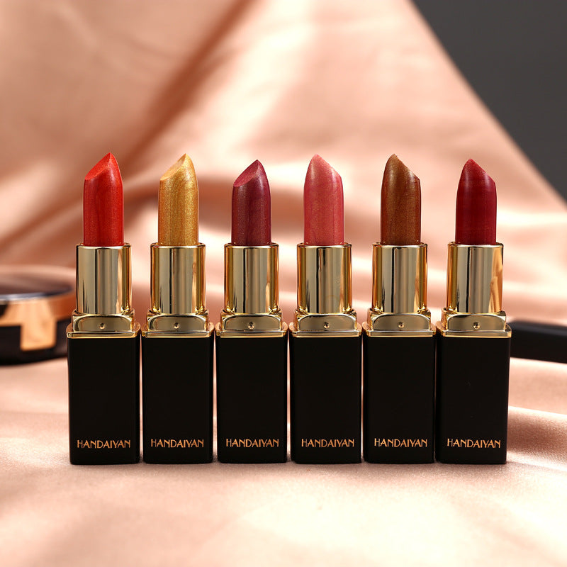Barra de labios metálica brillante Perlescente Lápiz labial que cambia de color Lápiz labial dorado