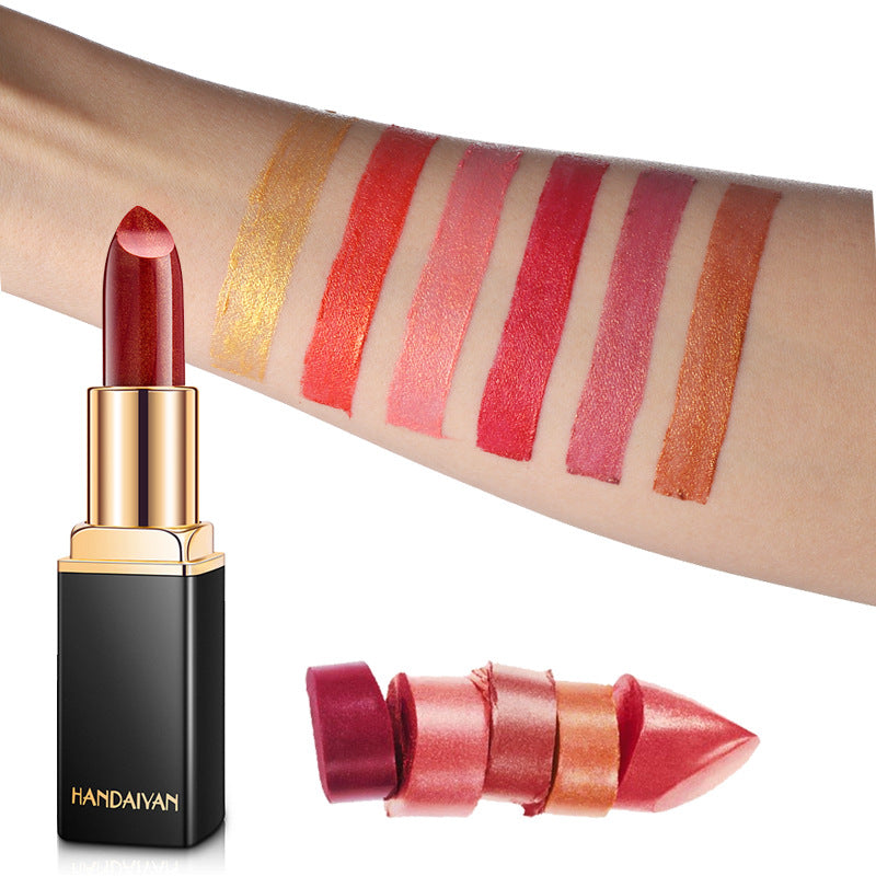 Barra de labios metálica brillante Perlescente Lápiz labial que cambia de color Lápiz labial dorado