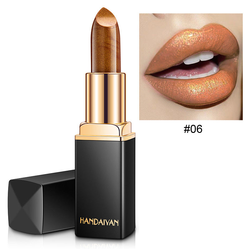 Barra de labios metálica brillante Perlescente Lápiz labial que cambia de color Lápiz labial dorado