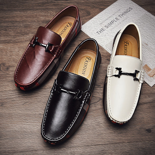 Zapatos casuales de cuero para hombre, talla grande, transpirables, de un solo paso, perezosos, blancos, de suela blanda