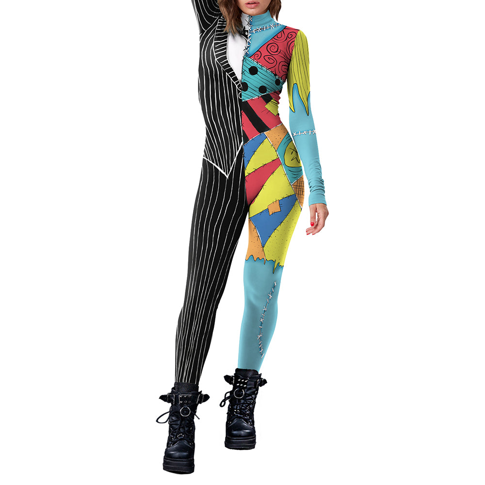 ZAWALAND Halloween Nightmare Sally Printed Cosplay Costume Girls Women Jumpsuit Christmas Cosplay Party Zenti Bodysuit Oufits